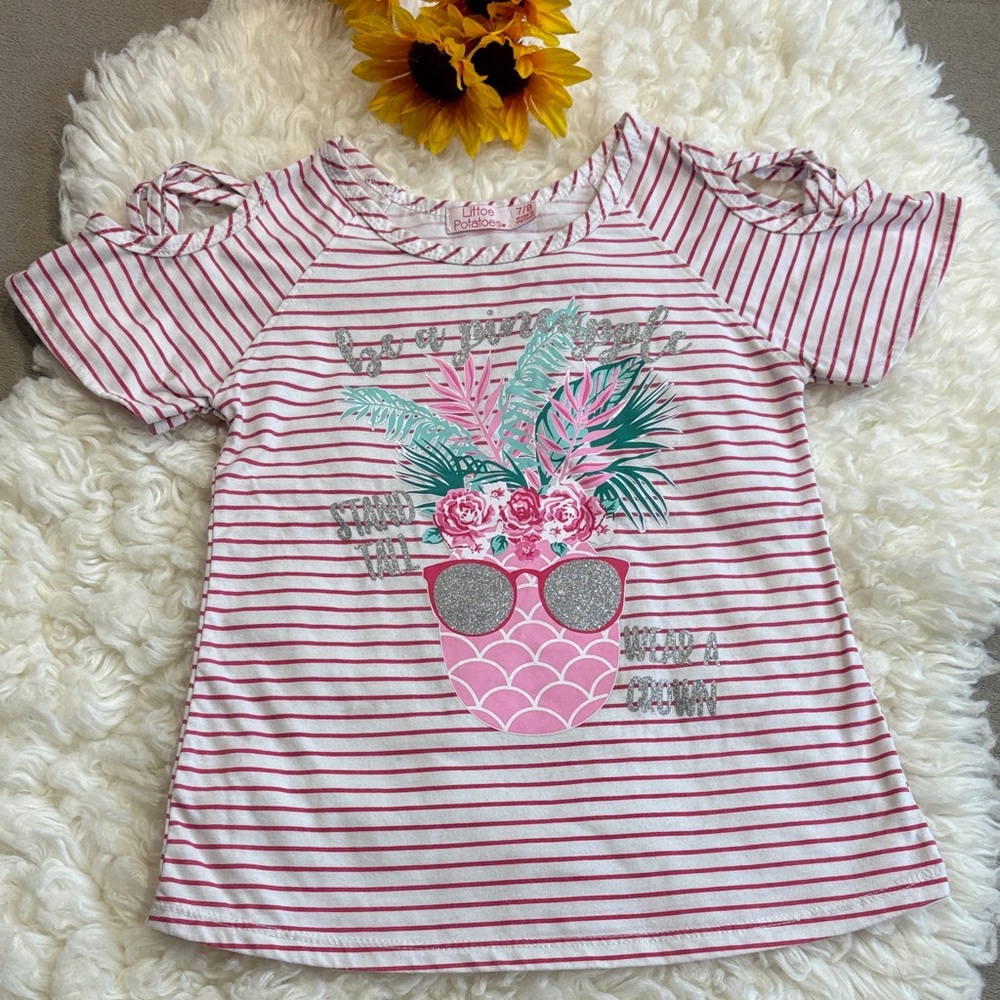 Littoe Potatoes White Pink Striped Kids "Be A Pineapple"Girls T-Shirt Size 7/8 !